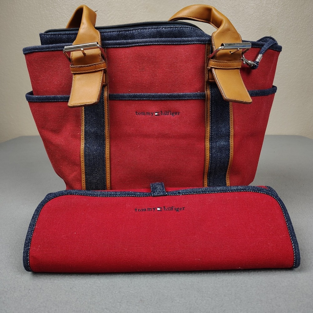 Vintage Tommy Hilfiger Canvas Denim Tote Large Leather Handle Flag Logo W/ Mat